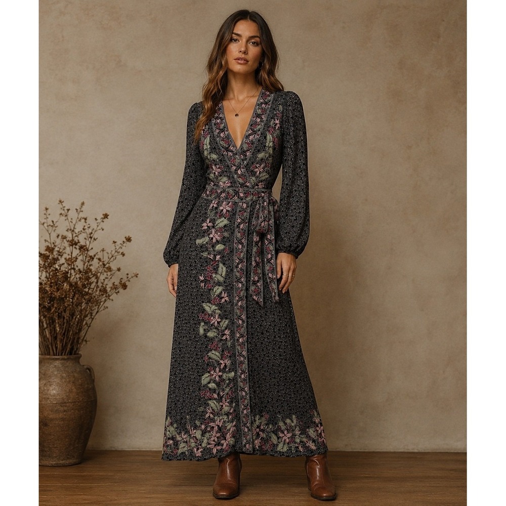 Max Studio Floral Wrap Dress Black Pink Green Long Sleeve Womens Small